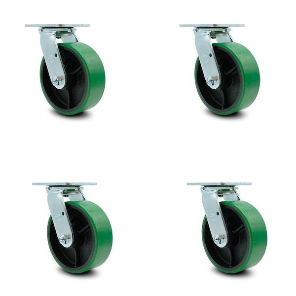 6 Inch Green Poly on Cast Iron Caster Set with Ball Bearing and Swivel Lock SCC